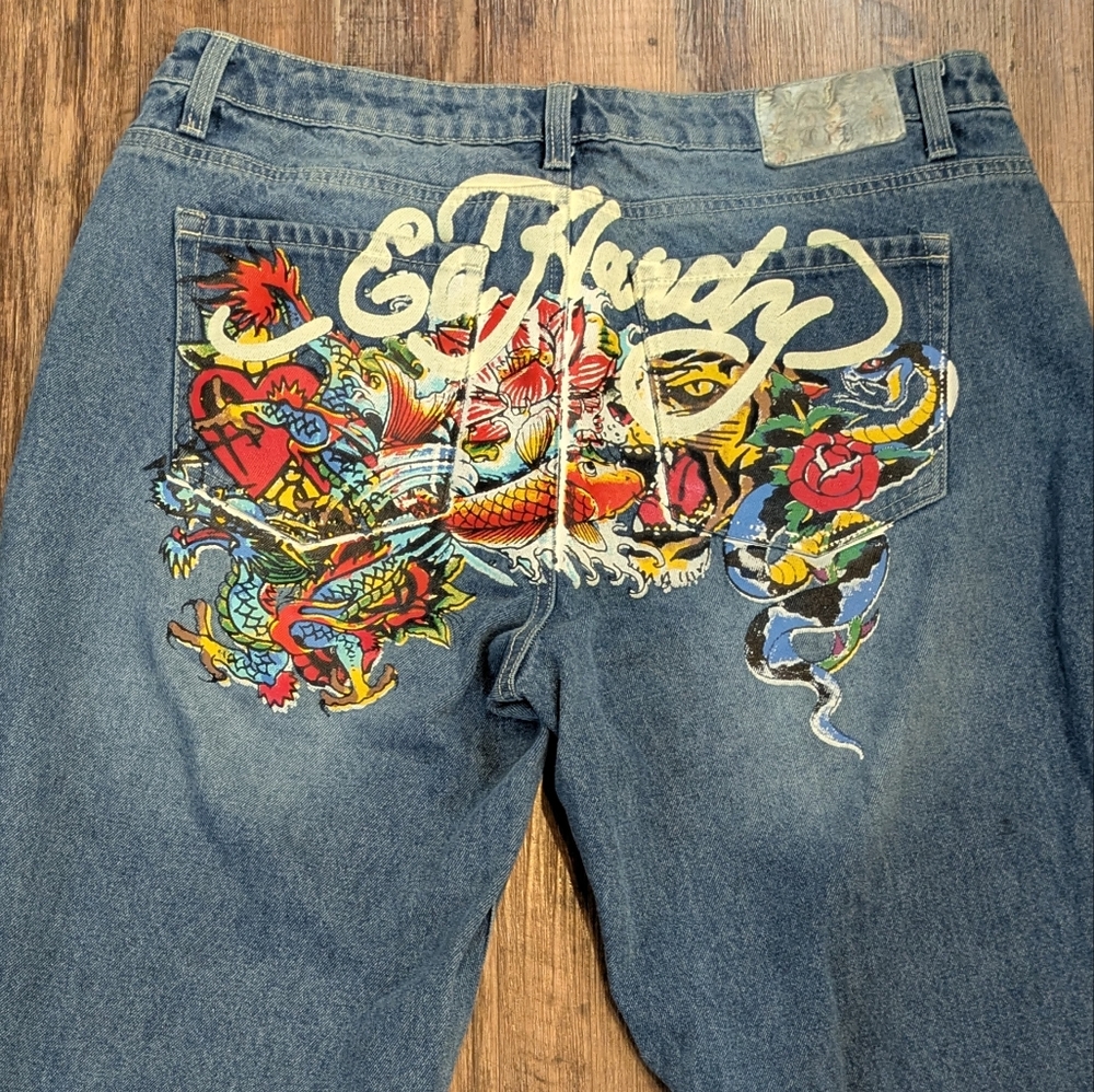 Ed Hardy Y2K Baggy Multi Tattoo Cropped Jeans Heart Dragon Tiger Snake Koi Sz 32